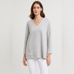 MaxMara Leisure Tunic Top Long Sleeve V Neck Jersey Gray Zip Front Medium